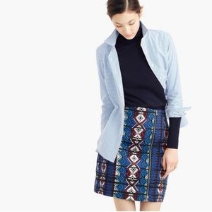 J Crew blue metallic brocade Aztec print skirt